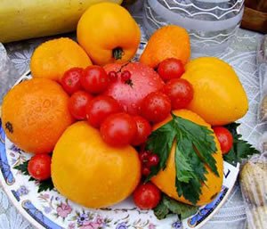 Апельсиновые сорта томатов на столе