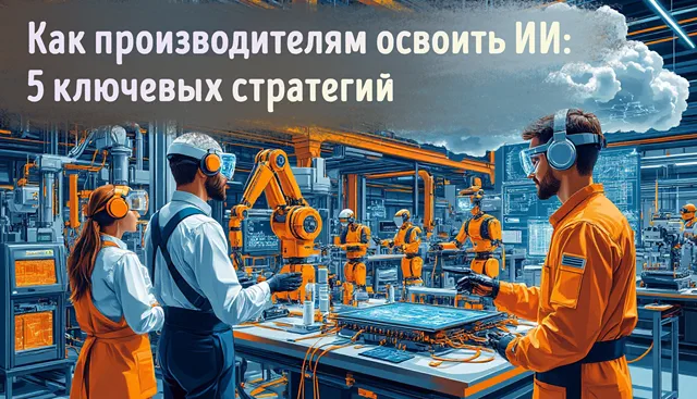 Иллюстрация о внедрении ИИ в производство. Заголовок: «Как производителям освоить ИИ: 5 стратегий». На переднем плане работники в спецодежде взаимодействуют с роботами и цифровым оборудованием. Фон — современное производственное помещение с автоматами и панелями управления. Верхняя часть фона — стилизованное облако, символ облачных технологий или ИИ