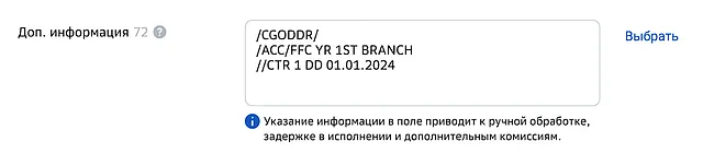 Пример заполнения поля дополнительная информация о переводе в Сбер Бизнес