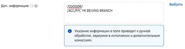 Пример заполнения дополнительной информации при перевода в китайских юанях через Сбер Бизнес